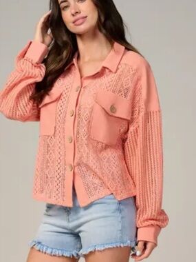 New In by VeryJ Sweeter Than Nectar Lace Salmon Button Down Shirt. Sz L